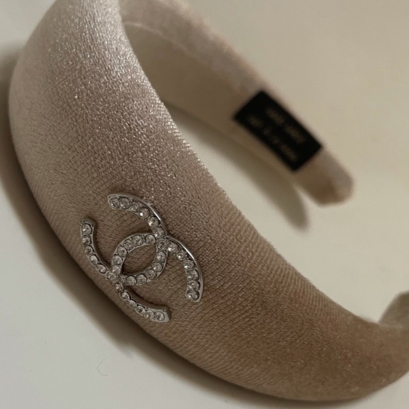 CHANEL Accessories - Repurposed Chanel charm on a padded nude velvet headband - gorgeous